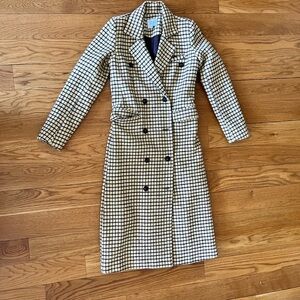 Checkered Double-Breasted Wool Blend Coat